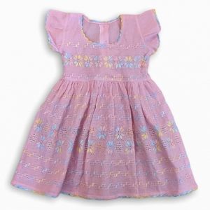 Girls Pink Floral Embroidered Flutter Sleeve Short Sleeve Dress